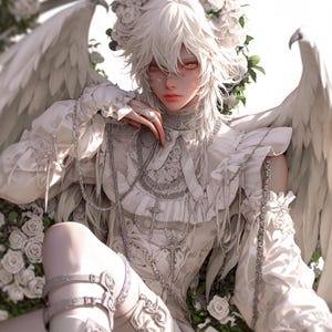 May include: An artistic depiction of a person with white hair, pale skin, and red-toned eyes, complete with white angel wings. The person is dressed in a detailed white outfit with intricate lace and silver jewellery, including a necklace and ring. White roses form the background.