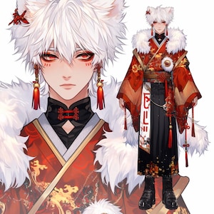May include: An illustration of a person in a red and gold kimono with a white fur collar. The person has white hair, red eyes, and cat ears. The kimono features gold dragon patterns and red tassels.