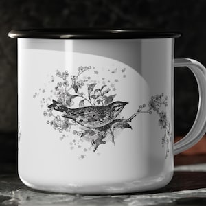 Vintage bird and flowers enamel coffee mug, antique birds tea cup, holiday mug for mom, unique gifts for her