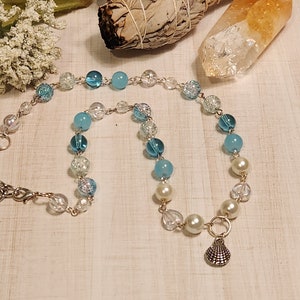 Nautical Blue and White Beaded Necklace with Silver Sea Shell Charm - 16-21 inch adjustable length