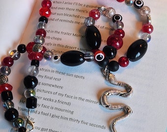 Edgy Red and Black Mixed Bead Necklace with Silver Snake Pendant - 20 Inch