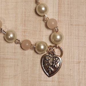 Delicate Light Pink and White Beaded Necklace with Silver Heart Charm - Handcrafted - Feminine - 19 inch