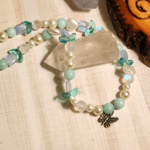 Whimsical Aqua and White Stone Necklace with Sterling Silver Butterfly Charm - 17.5 inch - Choker Style