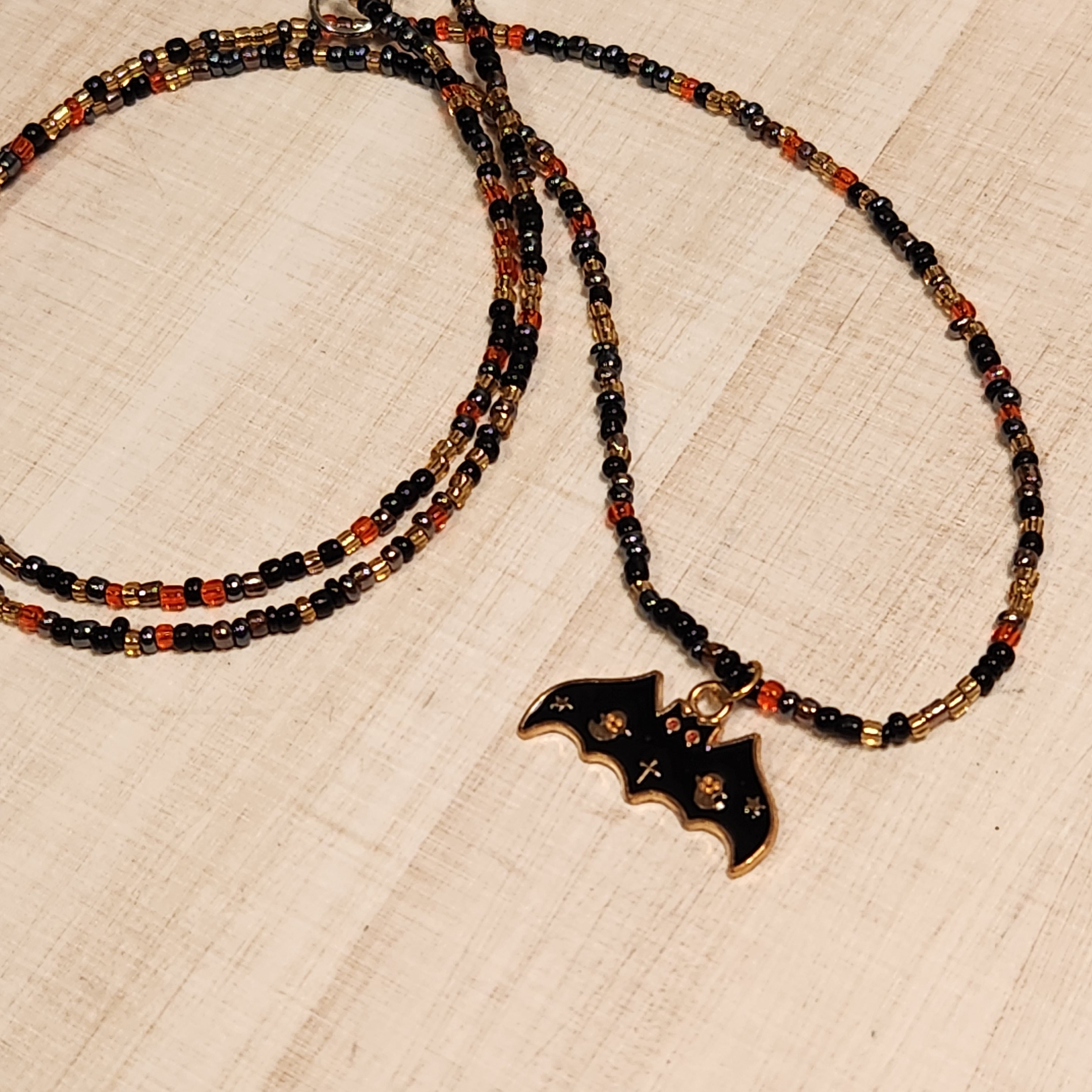 Black, Gold, and Red Seed Bead Bat Charm Necklace - 26.5 inch - Ozzy Osbourne - Goth Style