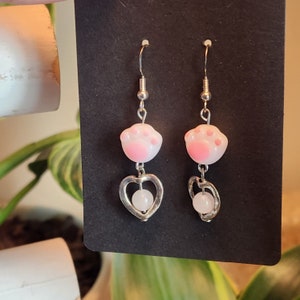 Adorable White and Pink Paw and Heart Charm Dangle Earrings - Pet Lover&#39;s Jewelry