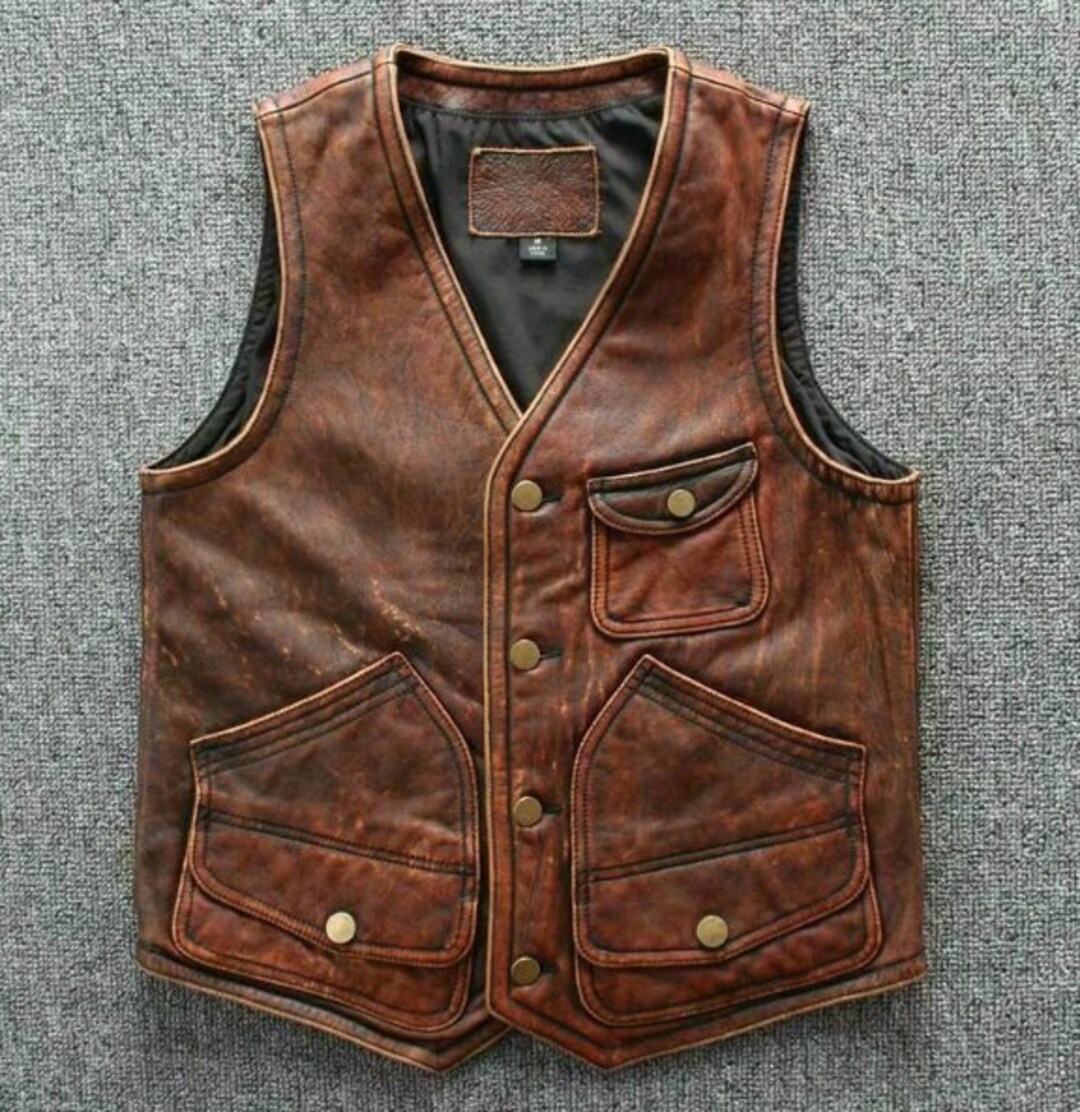 New Men's Leather Biker Vest Distressed Leather Vest Etsy