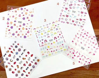 5D embossed nail sticker, cute nail decal, DIY, gel polish, notebook diary, heart flower rainbow monster moon bow, spring, Valentine’s Day
