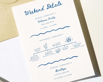 Beach Wedding Itinerary template, destination wedding schedule of events, seashell wedding weekend details, minimalist beach wedding