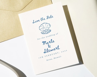 Beach Wedding Save the Date template, destination wedding invitation template, seashell wedding invitation, minimalist beach wedding