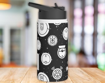 Robot Vacuum Kid Stainless Steel Water Bottle, Cute Black and White Vacuum Toddler Metal Straw Cup with Leak Proof Lid, Vacuum Birthday Gift