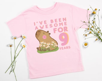 Jolie chemise Capybara rose 9e anniversaire, t-shirt neuvième anniversaire fille, vêtements pour enfants pixel art drôle, t-shirt de fête tendance pour les enfants de neuf ans