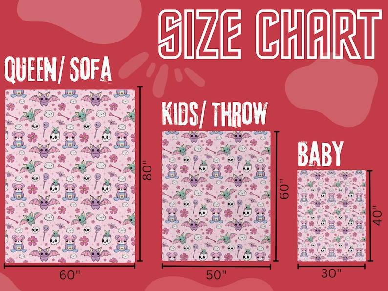 K&ouml;nnte beinhalten: Gr&ouml;&szlig;entabelle f&uuml;r eine rosa-wei&szlig;e gestreifte Decke mit einem niedlichen Fledermaus- und Sch&auml;delmuster. Die Tabelle zeigt drei Gr&ouml;&szlig;en: Queen/Sofa (60" x 80"), Kids/Throw (50" x 60") und Baby (30" x 40").