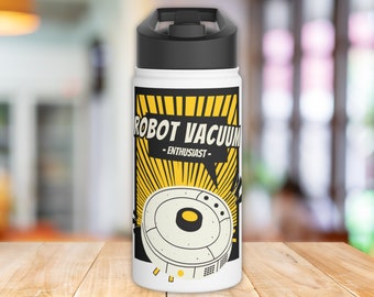 Robot Vacuum Enthusiast Stainless Steel Water Bottle for Kids and Toddler, Flip Up Straw Lid Insulated Travel Cup, Birthday Gift for Child