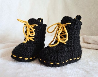 Black Combat Boot Baby Booties with Yellow Laces and Stitching, Custom Punk Rock Emo Baby Shower Gifts, Goth Mom Cute Newborn Crib Shoes