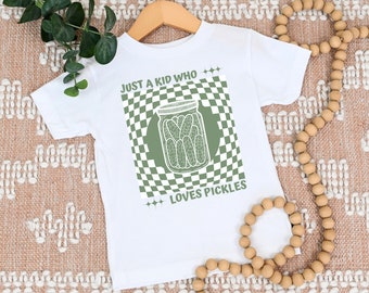Camiseta infantil engraçada com picles, camiseta infantil fofa com estilo retrô com picles, camiseta "Just a Kid Who Loveles", roupa infantil para presente de aniversário