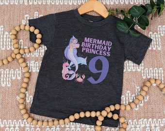 Jolie chemise sirène 9e anniversaire pour fille, t-shirt enfant fête du neuvième anniversaire sous la mer, plongée dans neuf t-shirt enfant violet