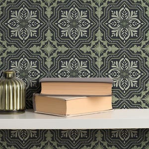 Folk Petal Tile | Sage Green Dark Pattern | Hand Drawn Removable Wallpaper | Medium Scale