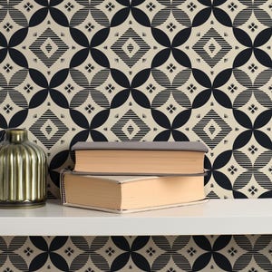 Petal Prism Quilt | Ivory and Navy Black Pattern | Hand Drawn Removable Wallpaper | Large Scale