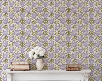 Iris Damask Removable Wallpaper | Lavender Moss Large Scale Block Print