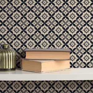 Petal Prism Quilt | Ivory and Navy Black Pattern | Hand Drawn Removable Wallpaper | Small Scale