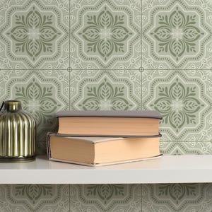 Folk Petal Tile | Sage Green Light Pattern | Hand Drawn Removable Wallpaper | Medium Scale