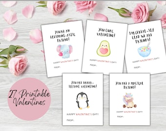 Tarjetas imprimibles de San Valentín para niños y niñas: adorable juego de animales para el aula con diseño de acuarela.