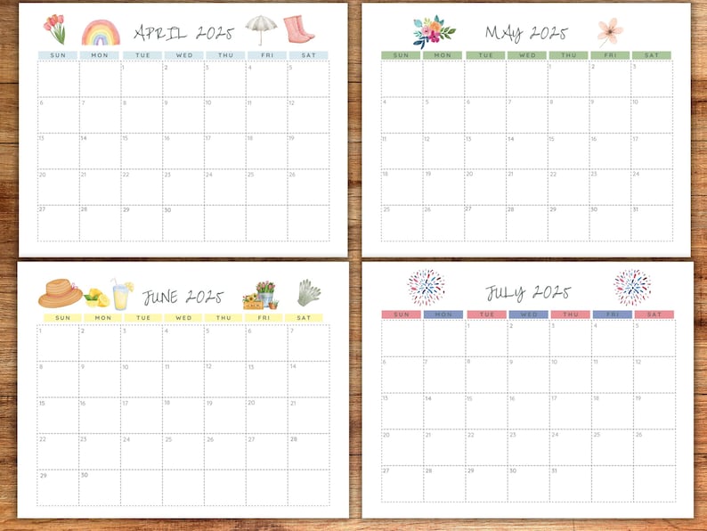 Puede incluir: Un conjunto de cuatro calendarios estilo acuarela para abril, mayo, junio y julio de 2025. Cada calendario presenta una ilustraci&oacute;n estacional diferente en la parte superior, como flores, arco&iacute;ris y herramientas de jardiner&iacute;a. Los calendarios est&aacute;n sobre un fondo de madera.