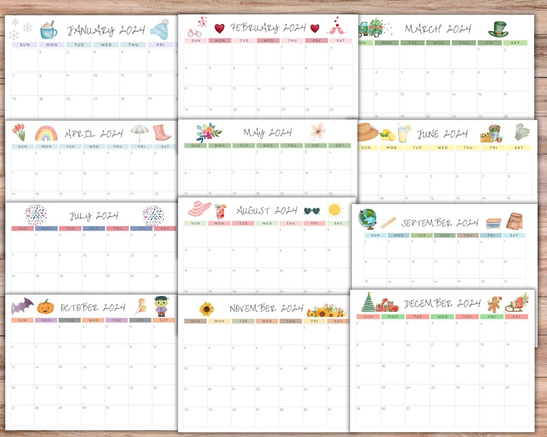 2024 druckbarer Kalender, Kinder druckbarer Kalender, Aquarell Kalender