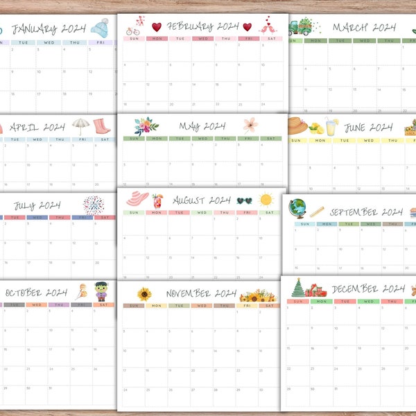 2024 Printable Calendar, Kids printable calendar, Watercolor calendar, Simple Calendar, Watercolor, Homeschool Calendar, Cute Calendar,