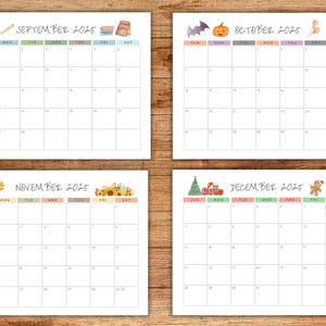 Puede incluir: Cuatro calendarios mensuales imprimibles de 2025. Cada calendario presenta un tema estacional diferente: septiembre con &uacute;tiles escolares, octubre con Halloween, noviembre con girasoles y diciembre con decoraciones navide&ntilde;as.