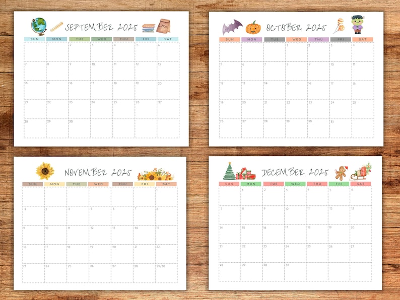 Puede incluir: Cuatro calendarios mensuales imprimibles de 2025. Cada calendario presenta un tema estacional diferente: septiembre con &uacute;tiles escolares, octubre con Halloween, noviembre con girasoles y diciembre con decoraciones navide&ntilde;as.