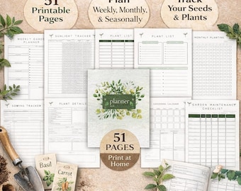 Planificador de jardín imprimible 2026 • Registro de semillas • Diseño de huerto • Diario de jardinería • Planificador de finca • Formato PDF A5 y carta estadounidense