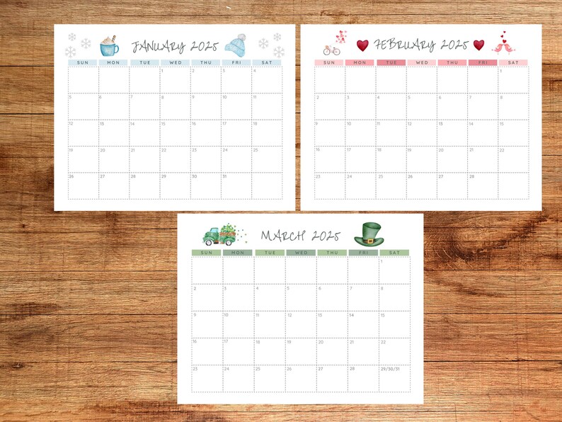 Puede incluir: Tres calendarios mensuales para 2025, con enero, febrero y marzo. Cada calendario tiene un fondo blanco con un dise&ntilde;o de acuarela en la parte superior. Enero tiene una taza y un sombrero, febrero tiene corazones y marzo tiene un cami&oacute;n y un sombrero.