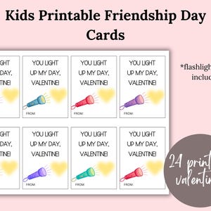 Puede incluir: Tarjetas de San Valentín imprimibles con un diseño de linterna y el texto "Tú iluminas mi día, Valentín!" Hay 24 tarjetas en total.