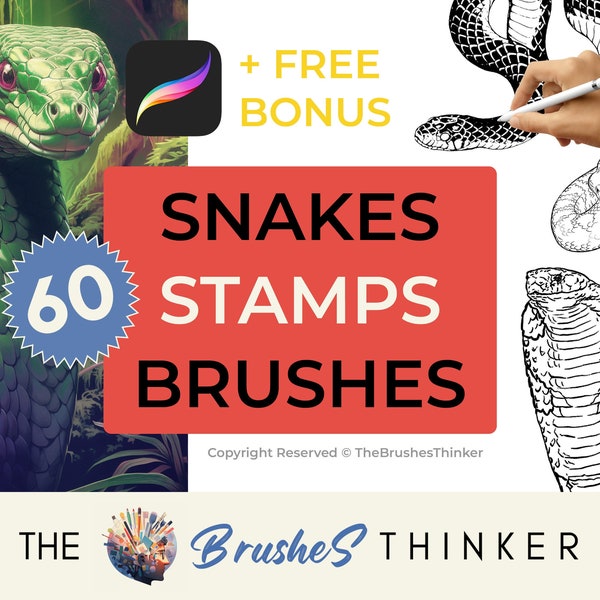 60 snake stamps for procreate + free bonus, procreate snake stamps tattoo style, procreate free brushes, procreate snake stamps brush set