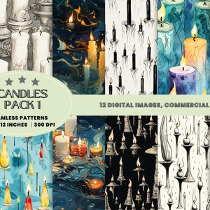 May include: A collection of 12 digital images featuring various candle designs. The images include seamless patterns of lit candles in different styles and colors, with text that reads "CANDLES PACK 1" and "12 X 12 INCHES".