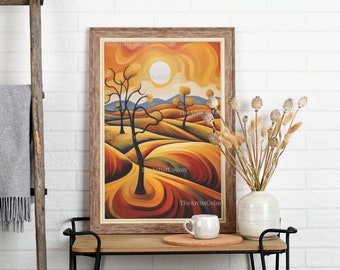 May include: A framed abstract painting of a landscape with rolling hills, trees, and a sun in the sky. The painting is in shades of orange, yellow, and brown.
