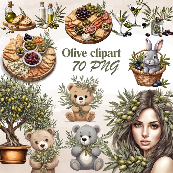 Clipart olives/clipart greens/ bouteille d'huile d'olive/ clipart feuilles vertes/ olivier/ clipart martini