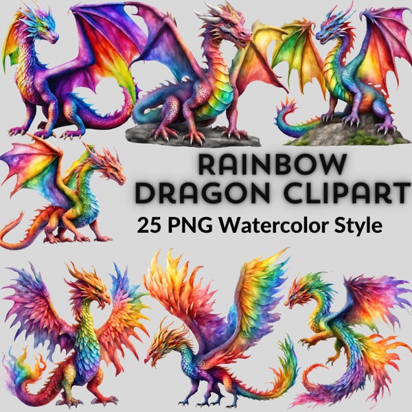 Rainbow Dragon Clipart, Fantasy Phoenix Dragon Clipart, Magical Creature, Watercolor Style, Fast Loading, Commercial Use