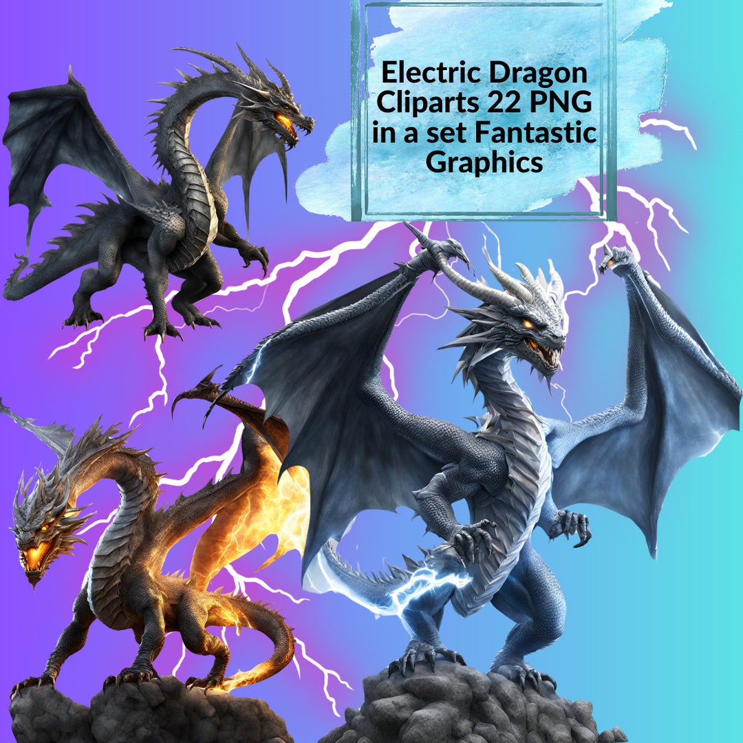 Electric Dragon Cliparts 22 PNG in a Set Fantastic Graphics Magical