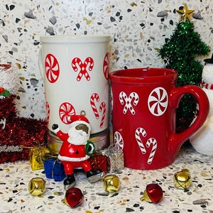 Peppermint Candy Cane Christmas Mug Set: Red & White Ceramic Drinkware