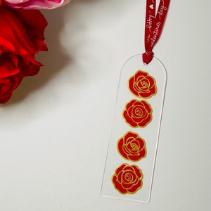 Valentine&#39;s Day Acrylic Bookmark: Red Roses & Satin Ribbon