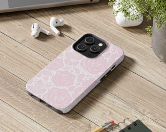 Pink Lacey Roses Tough Phone Case, Floral Phone Cover, Protective Phone Case, Girly Phone Case, Gift for Her, Blush Pink Cell Phone Case