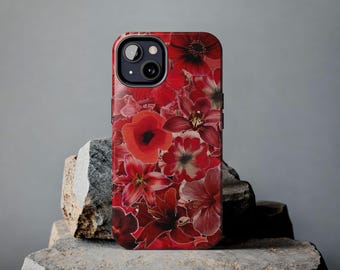 Tough Phone Cases, Flower Print Retro Floral Pattern Design, iPhone Case, 70s Nostalgic Red Tough Cover