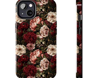 Vintage Floral Tough Phone Case, Crimson Peony Design, Dual-Layer Protection, Elegant Nature-Inspired Artwork, Polycarbonate Shell, TPU