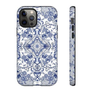 Elegante funda resistente con diseño floral azul, funda de cerámica vintage para teléfono, funda protectora para iPhone y Samsung, funda con diseño floral azul, estilo europeo.