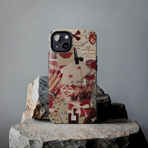 Fundas resistentes para teléfono, collage de corazones y letras con coqueta roja, estilo vintage, te amo, regalo para ella, funda protectora para teléfono, diseño único