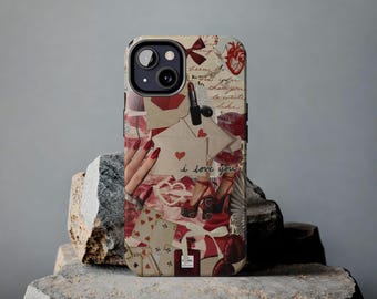 Tough Phone Cases, Red Coquette Collage Heart Bow Letter Vintage Aesthetic, I Love You, Gift for Her, Protective Phone Cover, Unique Design