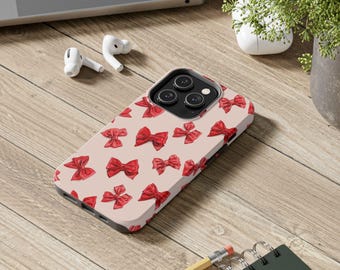 Red Bow Pattern Phone Case, Cute Feminine Design, Tough iPhone Cover, Luxury Bow Print, Trendy Galaxy Case, Stylish Samsung Cover