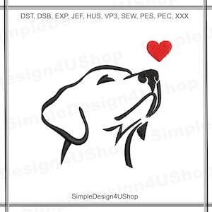 May include: Black and white line art illustration of a dog's head looking up at a red heart.